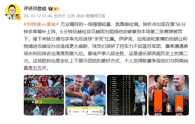 詹俊：比赛转折点是多库的上场 曼城联赛争冠与阿森纳五五开